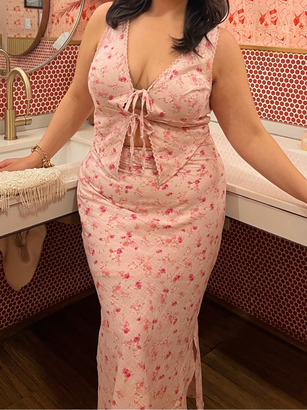 Pink Rose Blush Floral Top and Skirt Set with Fuchsia Blooms
